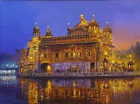 Hanif Shahzad, Golden Temple Sunset, 27 x 36 Inch, Oil on Canvas, Cityscape Painting, AC-HNS-035